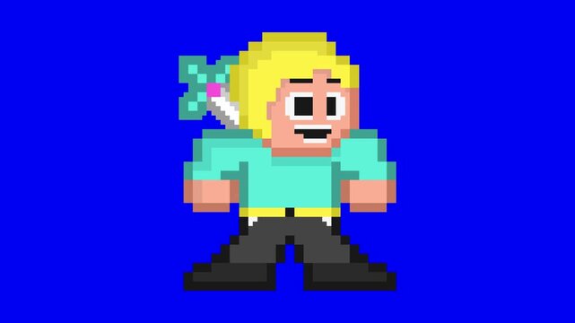 Pixel art character with blonde hair and a sword standing against a bright blue background with video repeating cycle background simple two his back standing illustration minimalist platformer