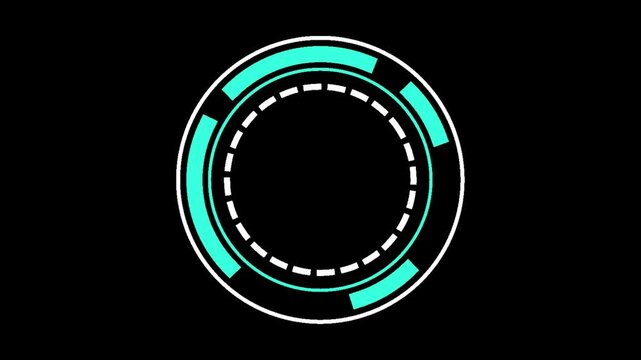 Three glowing cyan circular interface elements rotating against a solid black background display with featuring white dashed inner rings segmented outer rings digital video three identical sci fi