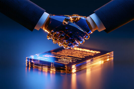 3D glossy render of a handshake made of glass sealing a glowing contract document, soft studio lighting, navy and gold palette, clean reflective surface. AI gen