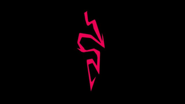 Abstract red neon lightning bolt shapes animating against a solid black background for graphic design with appearing disappearing against background minimalist motion video sequence sharp animation