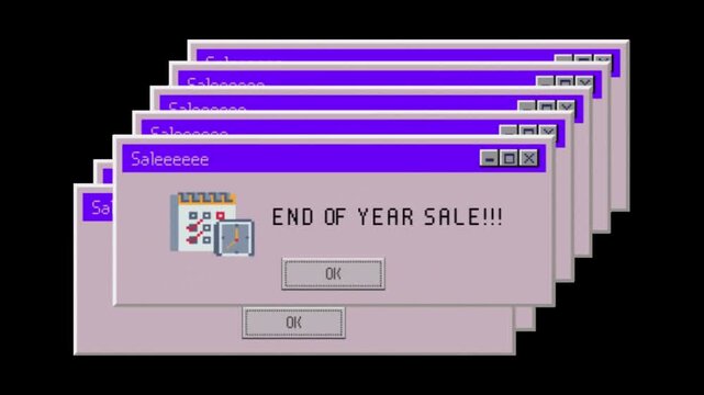 Retro computer pop up windows displaying end of year sale message on a black background with featuring calendar clock cascading across screen dialog boxes cascading video multiple pixel technology