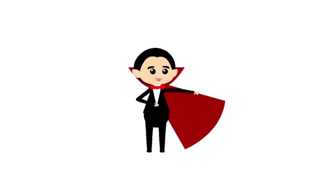 Cartoon vampires with a purple bat isolated on a white background for holiday design with capes standing either flying center against vampires black suits either side small two cute cartoon fangs