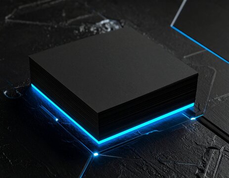 Futuristic black computer processor chip with glowing blue light circuit board