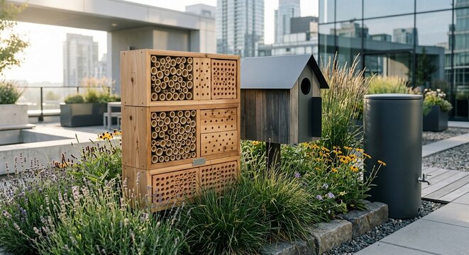 Wooden insect hotel and nesting box in an urban rooftop garden setting
