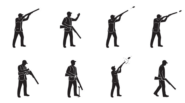 Skeet shooting silhouettes set, 8 clay pigeon hunter vector icons, trap shooting sport poses, marksman with shotgun graphics isolated on Transparent Background