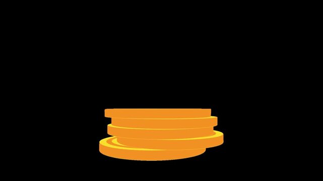 Animation of golden coins stacking up to form a pile on a black background with falling stacking video animation against black accumulation illustration transaction investment commercial money