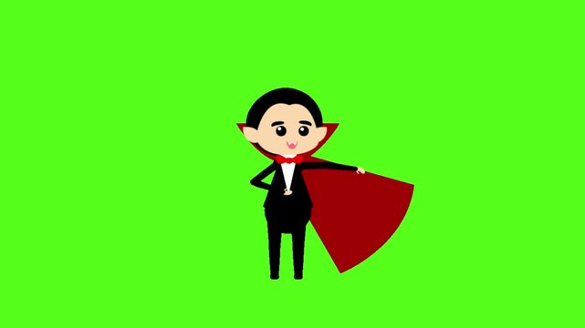 Cartoon vampires and a purple bat flying against a solid bright green background screen with featuring simple flat vector style graphics designed creative compositing projects displays two animated