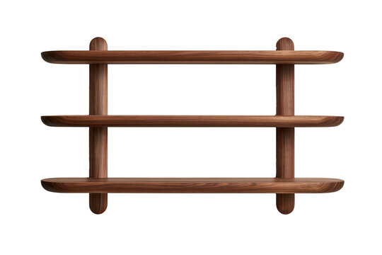 Wooden wall shelf with three horizontal tiers isolated on white background with clipping path for interior storage and display