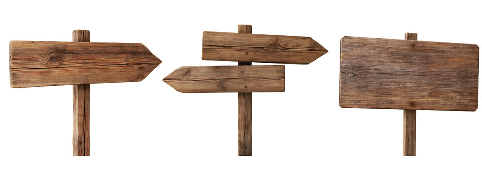 Wooden signpost with directional arrow and blank board isolated on white background with clipping path for outdoor navigation