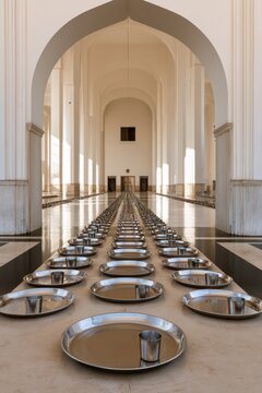 Grand vaulted interior with aligned stainless steel trays and cups in long nave under repeating arches for editorial background, poster and architectural design