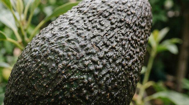 Close-up of a textured dark green hass avocado hanging on a branch