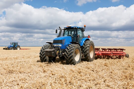 The Blue Tractor in a Harvest Field with Red Plow Attachment