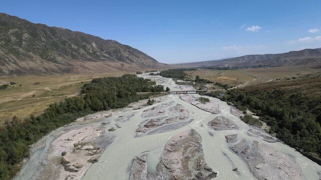 Aerial view of chilik river in tien shan mountains, kazakhstan