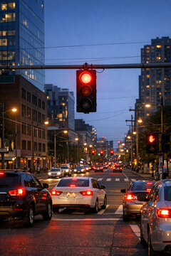 Red traffic light glows at city intersection