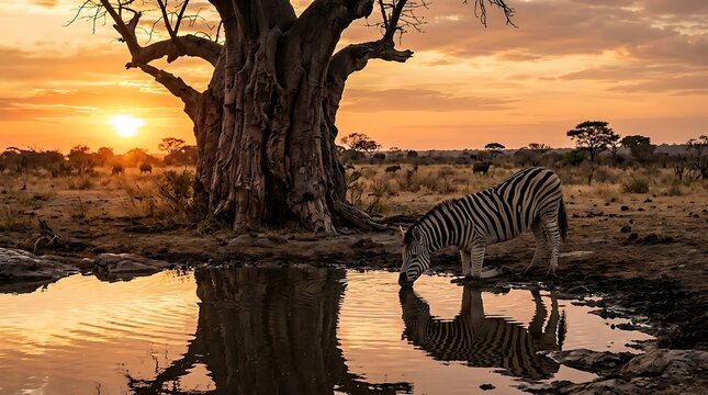 Zebra Drinking Water at Sunset by Tree in Serene Landscape