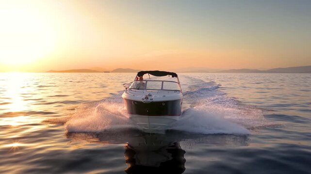 Front view tracking of a motor speedboat cruising over the calm ocean during golden sunset time