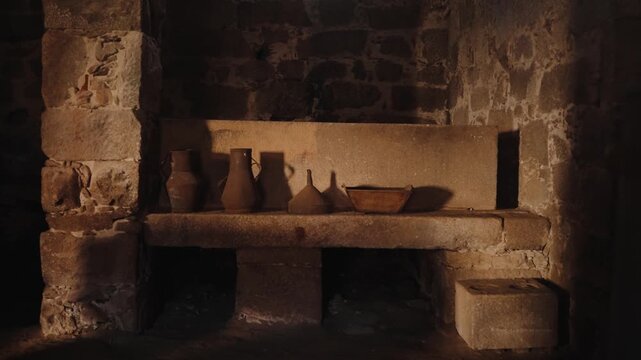 Rustic ancient stone room featuring traditional earthenware pottery on a built in shelf, evoking history and simplicity