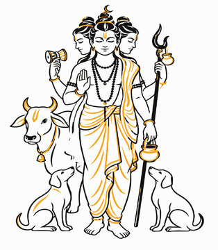 Dattatreya hindu deity with sacred animals illustration tri murti sacred cow divine dogs lord dattatreya spiritual master hindu mythology religious illustration vedic art deity iconography