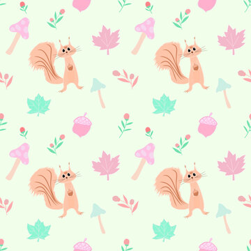 Autumn seamless pattern cute style with little squirrel holding pine cone , leaves, mushrooms and acorns on a light green background for fabrics, textiles, gift wrapping, wallpaper, background