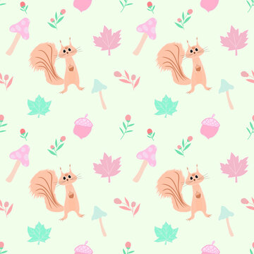 Autumn seamless pattern cute style with little squirrel holding pine cone , leaves, mushrooms and acorns on a light green background for fabrics, textiles, gift wrapping, wallpaper, background