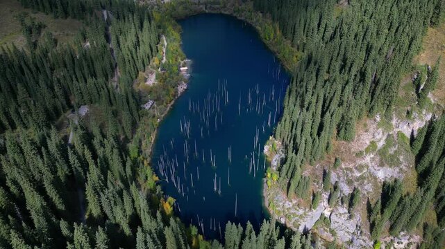Majestic aerial view of the unique kaindy lake in kazakhstan, famous for its submerged forest of ancient schrenk's spruce trees