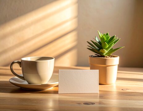 Minimal beige business card mockup beside a ceramic cup and small plant
