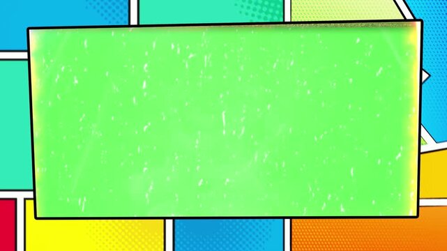 Comic book panel styled graphic containing a bright green central display area surrounded by multicolored geometric blocks and dynamic pop art background patterns.