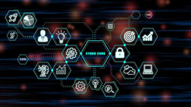 Cyber Security HUD Interface Animation with Cyber Core Network Nodes