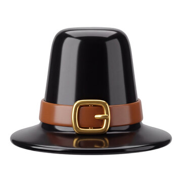 Glossy 3d pilgrim hat with golden buckle stands on grey background