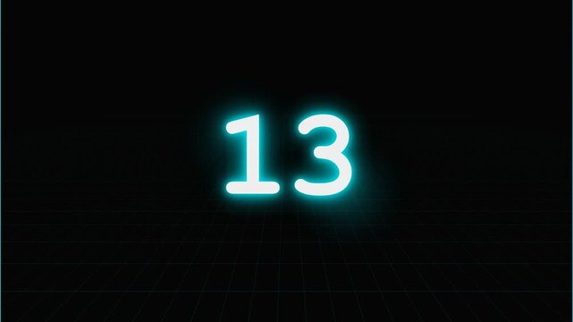 Glowing number thirteen on dark digital grid background