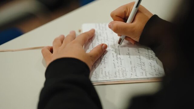 Student hands writing lecture notes in a paper notebook with a pen on a desk, capturing key information and learning concepts