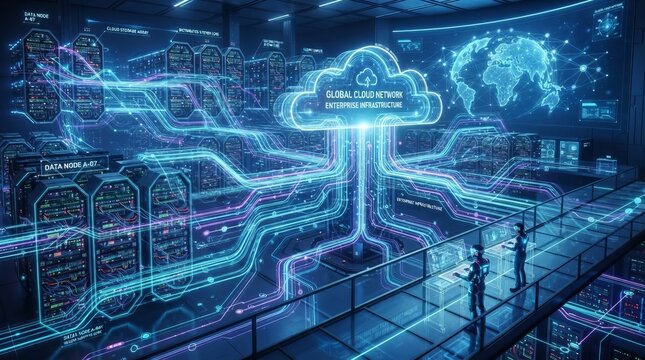 Data Center Interior Networking Infrastructure Featuring A Glowing Cloud Network And Digital Concept