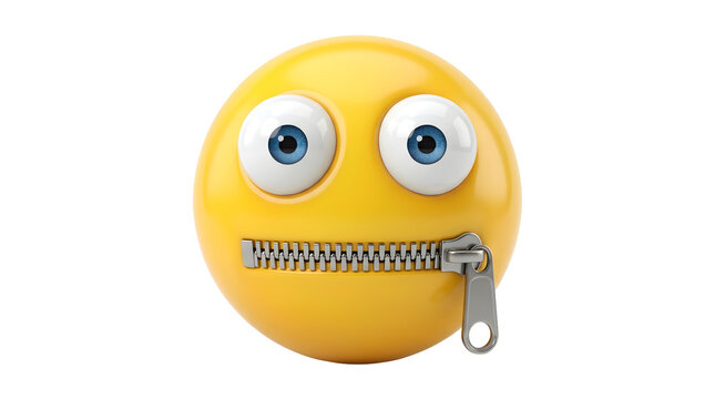 Yellow emoji face with a metal zipper across the mouth isolated on a transparent background