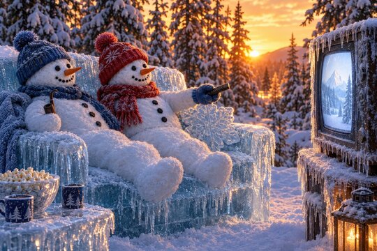 Snowmen Watching Television in Winter Wonderland