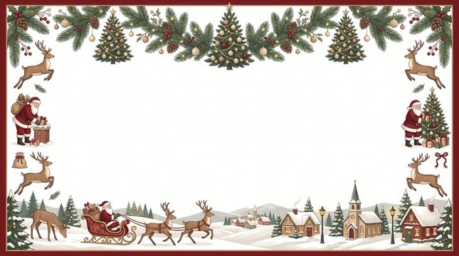 Christmas winter frame border with santa claus sleigh and snowy village landscape