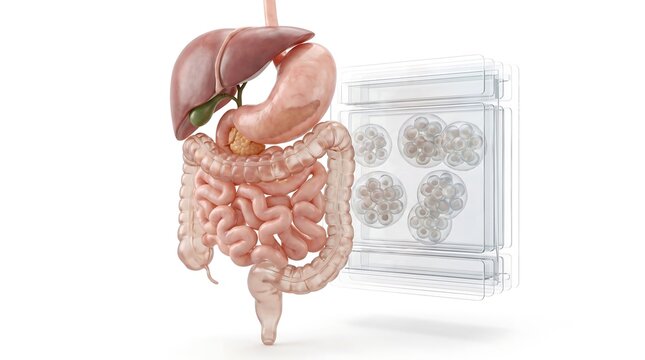 3D medical illustration of the human digestive system with microscopic cellular structures.