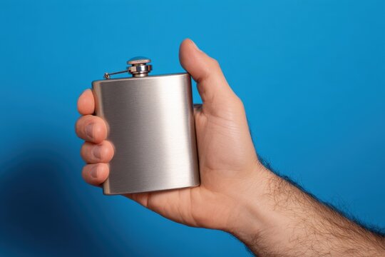 The Stainless Steel Hip Flask Gripped in a Hand Against a Blue Studio