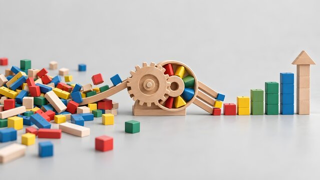 Wooden gear mechanism converting scattered colorful blocks into an ascending bar chart illustrating systematic data organization and structured business growth