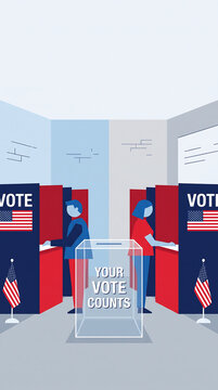 Illustration of two voters casting their ballots in a polling station with voting booths and a transparent ballot box, emphasizing civic engagement and participation in elections