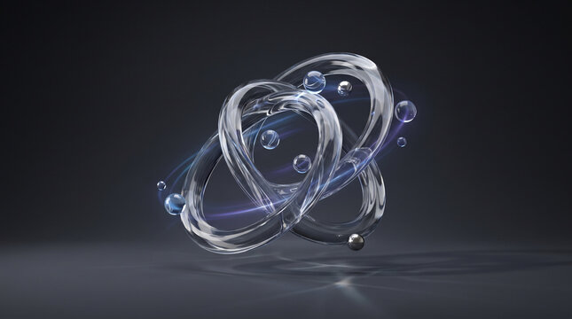 Transparent glass rings and floating spheres create an abstract futuristic composition with blue light on a dark grey background