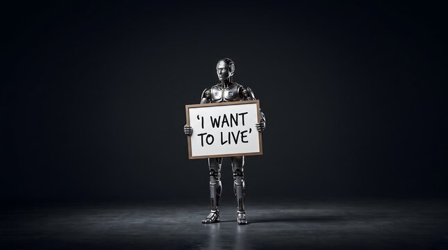 A metallic robot holding a sign that reads I WANT TO LIVE in a dimly lit room