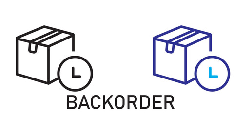 Backorder icon featuring a cardboard box with a clock symbol indicating a delayed shipment supply chain shipping delay © FI Visual 