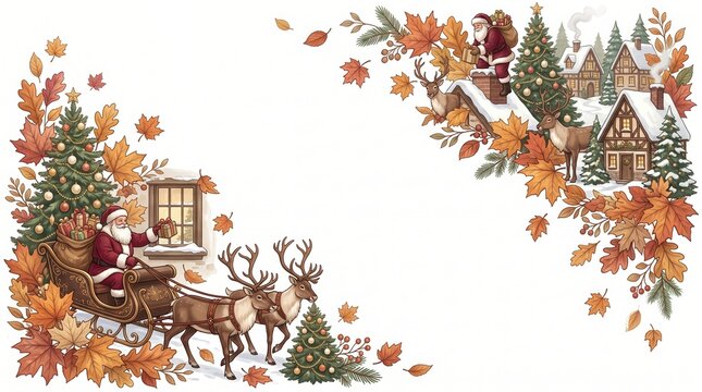 Watercolor christmas santa in a sleigh with reindeer and autumn leaves corner frame