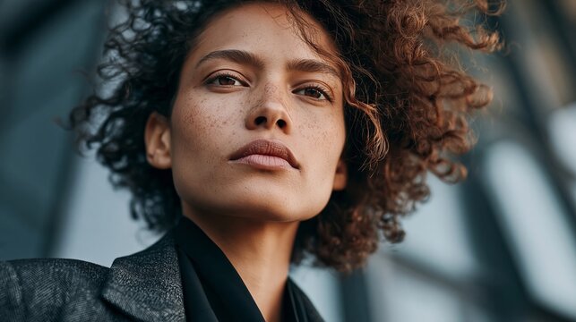 Close up portrait of a confident young woman with curly brown hair and natural freckles looking at the camera lens