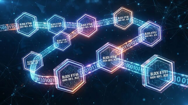 Understanding blockchain technology  exploring data cells with binary code and their connections
