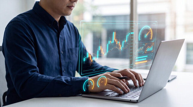 Financial trader typing on laptop analyzing stock market candlestick growth chart with virtual hologram interface showing business outperform performance metrics in modern office