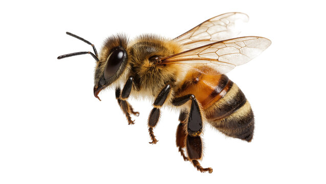 Furry honey bee with striped abdomen, isolated on transparent background