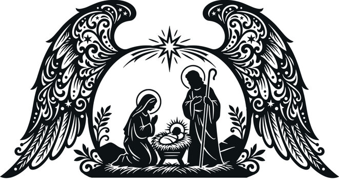 Holy Family Nativity Scene Inside Angel Wings Frame, Baby Jesus in Manger Framed by Filigree Wings, Luke 2 Christmas Vector Silhouette