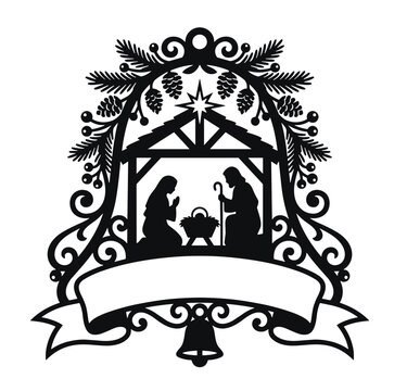Holy Family Nativity Scene Arch Frame with Blank Ribbon Banner, Pine Branches and Cones Manger Ornament with Copy Space Vector Silhouette