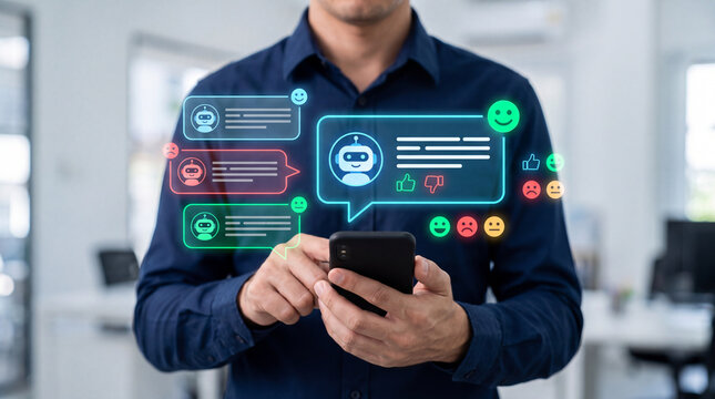 Man using smartphone interacting with AI chatbot virtual assistant interface featuring customer service chat bubbles feedback emojis and sentiment ratings in office